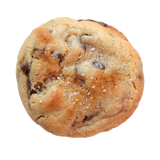 Chocolate chip cookie with a sea salt on a white background