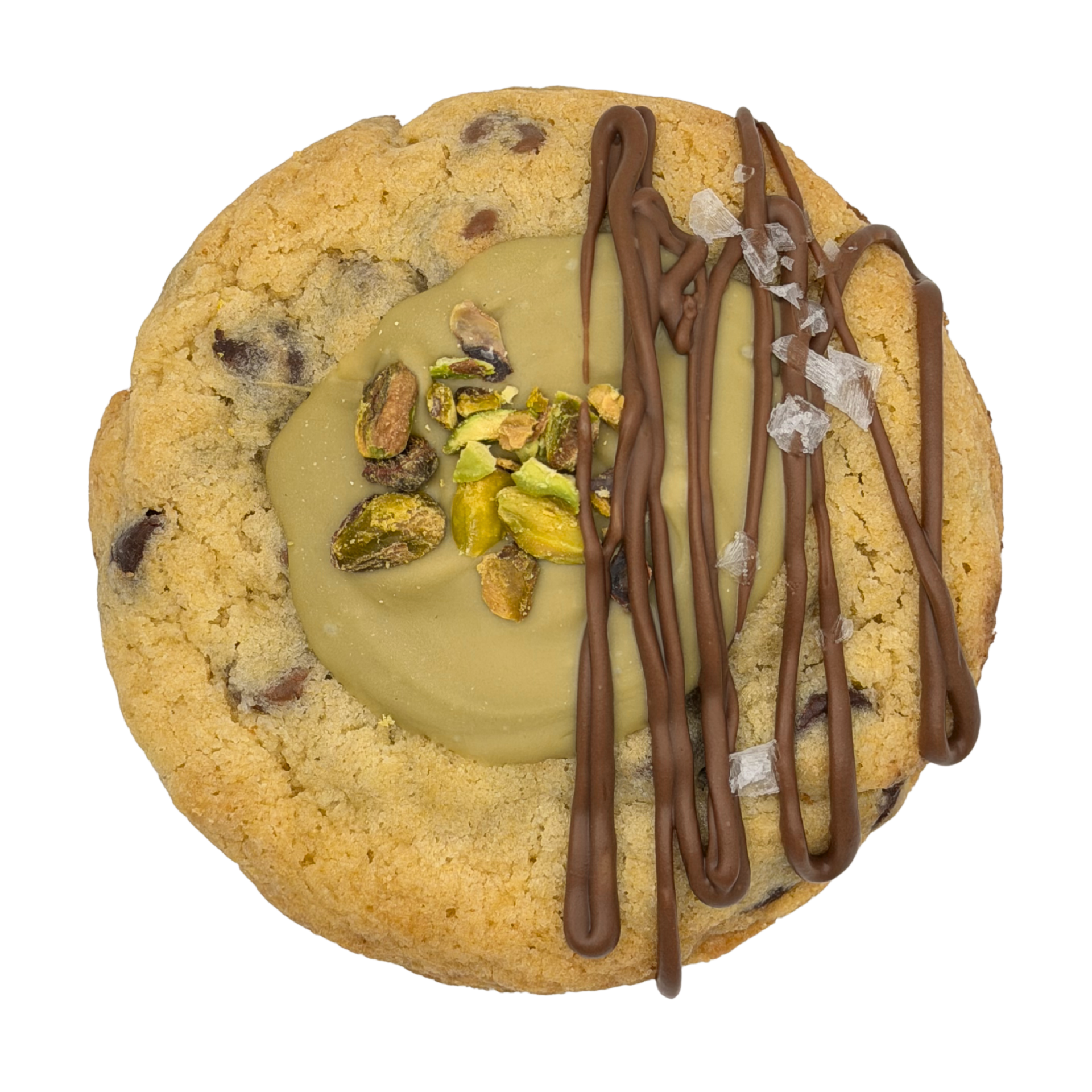 Chocolate chip cookie topped with pistachio cream and chocolate